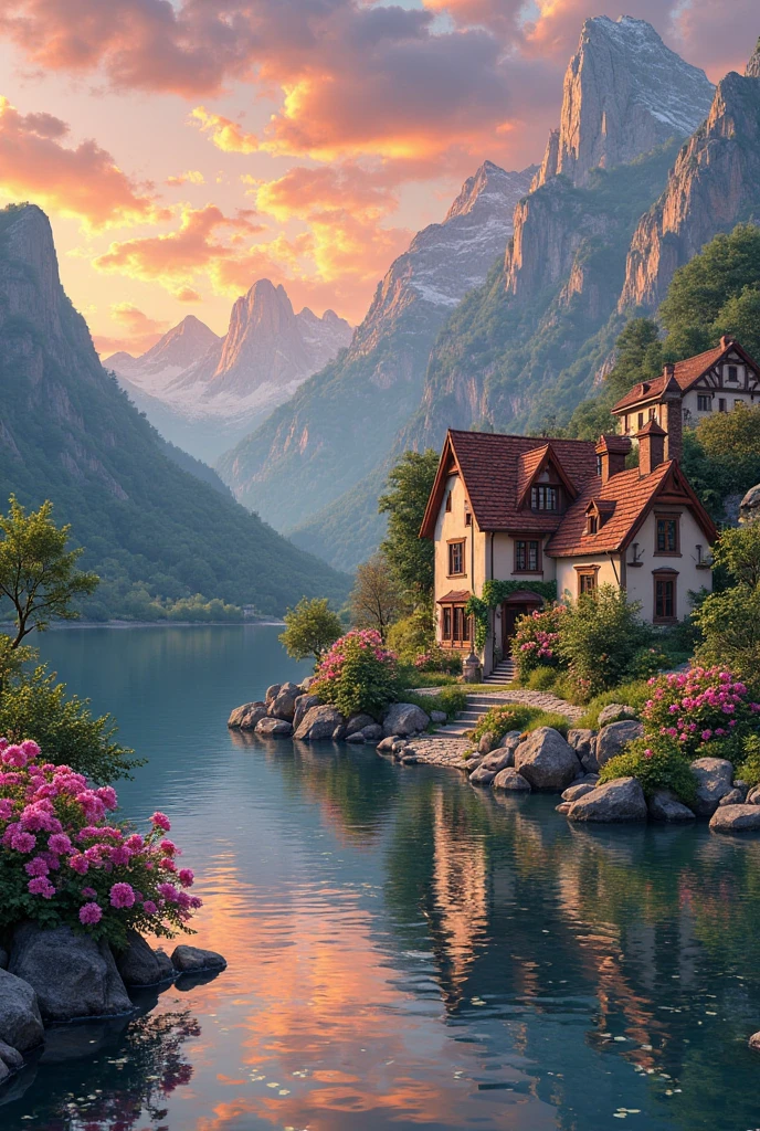 A small village by the river, mountains in the background, colorful flowers, detailed landscape style, beautiful natural scenery, atmospheric lighting,  scorching sunset ,  warm colors, practical, photographic, detailed foliage, complex buildings , cobblestone street, charming country house, vibrant colors, lush vegetation, reflections in the water, pitoresco, idyllic, work of art, Best Quality, 8k, extremely detailed, anime style