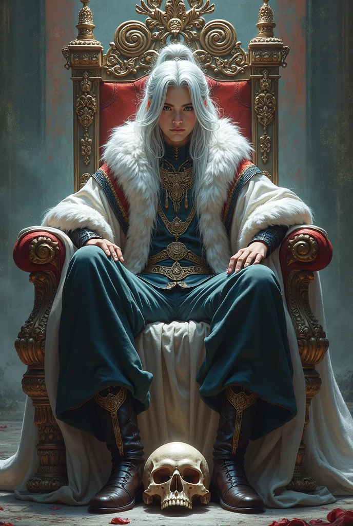 Cultivator youth with silver hair sitting on a throne with a foot arrogantly on a frightened skull