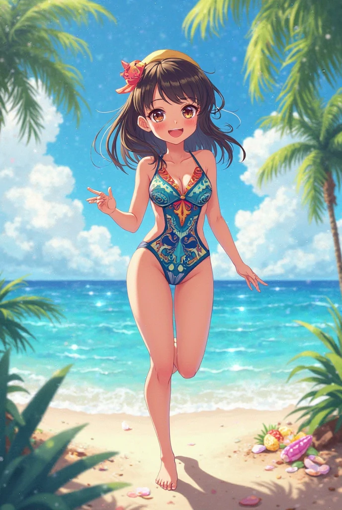 best quality,ultra-detailed,realistic,photorealistic,3-piece bikini,bright colors,wet look,beach background,tropical setting,beach waves,sun-kissed skin,sandy toes,confident posture,playful expression,beach umbrella,shades,seashells,swimming goggles,flip flops,summer vibes,happy atmosphere,daylight,splash of water,dynamic pose,relaxation,beach ball,fresh coconut drink,tropical fruits,sunscreen,beach towel,summer breeze,sun hat,seagulls,joyful laughter,fun in the sun,exotic destination,serene environment,swimwear fashion,beautiful beach scenery,freedom and carefreeness.