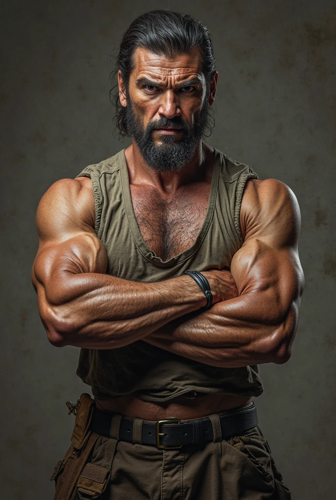 hulk photography, light cinematic heavyweight bodybuilder, 75 kg of complete muscle, Bigote grueso y trozo chino barbudo, hombres muy guapo. perfect body proportion,, hypermuscular nalgon, realista, cowboy with hat, black shorts, trasero inclinado