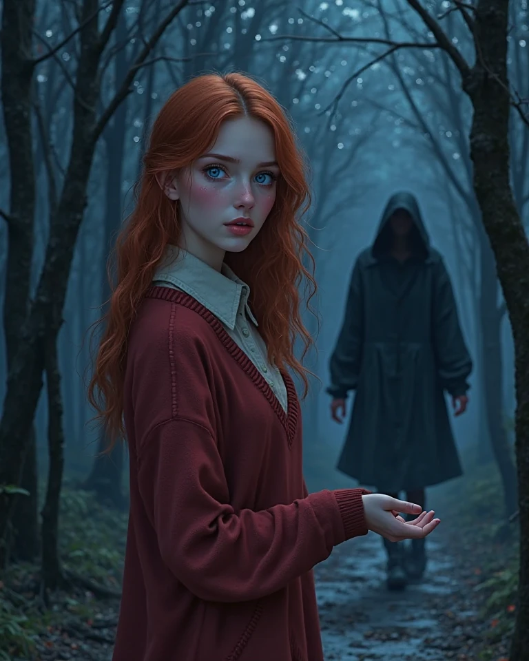 little red-haired girl with long hair, wavy and blue eyes, a flowery dress and an expression of fear, behind her there is a shadow woman