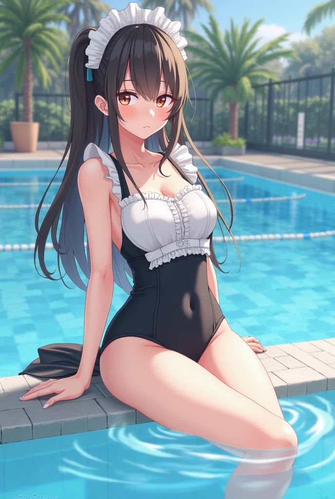 (best quality,4k,8k,highres,masterpiece:1.2),ultra-detailed,(realistic,photorealistic,photo-realistic:1.37),ponytail,black hair,high school girl,mini skirt,poolside, all fours,sideways angle,sunlight,bright colored clothes,slightly exposed necklin, White camisole、Blue mini skirt、Place a large pillow under your body