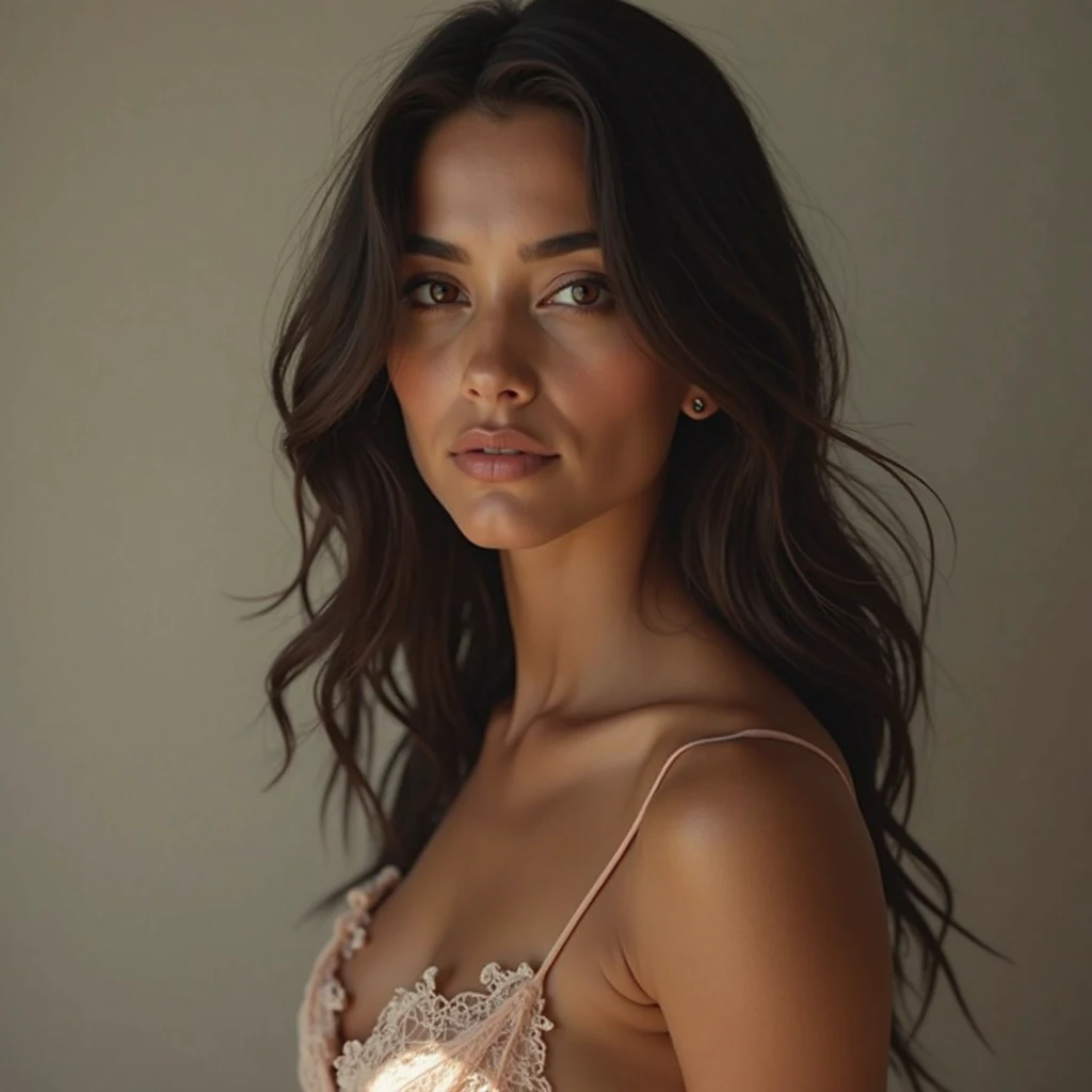 there is a woman with a black top and a black bra top, a portrait by John Luke, trending on cg society, realism, headshot profile picture, portait photo profile picture, profile photography, indian girl with brown skin, model face, mid shot portrait, headshot portrait, modeling photography, headshot photo, flawless olive skin, headshot photograph, with professional makeup, woman model