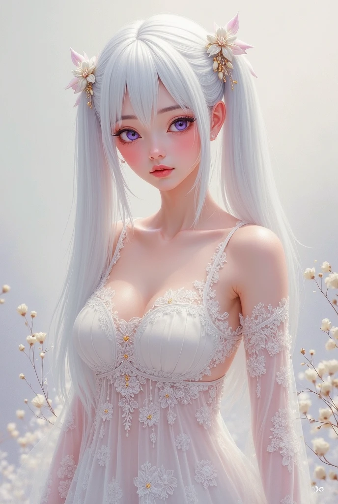 Best Quality, One Girl, Warm Lighting, Silver Hair on the Top of the Head and Pink at the Tips, Cute, Anime, Sheer White Skin, Asian Girl, Full Body, Sensual, Gentle Eyes, Cat Ears, Animation, Fantasy, Seductive, Shy Face, , Frightened, White Dress, Collar, Tail, Wizard, Fantastic, Portrait, See-Through