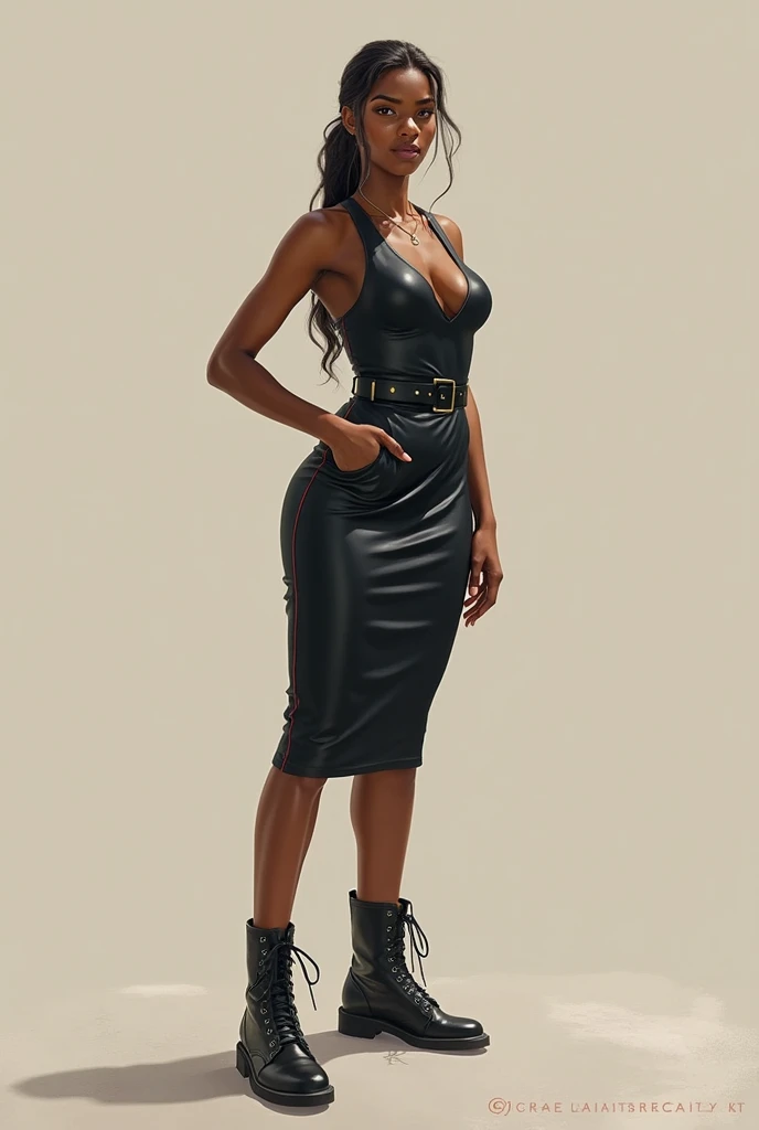 indian women, aged 25, white skin, long black hair, horse jockey black tight dress, full sleeve black, black tights, black pants, black boots, black gloves, rolex watch, standing, looking straight, shackles, bound, bondage, waist chain to hands
