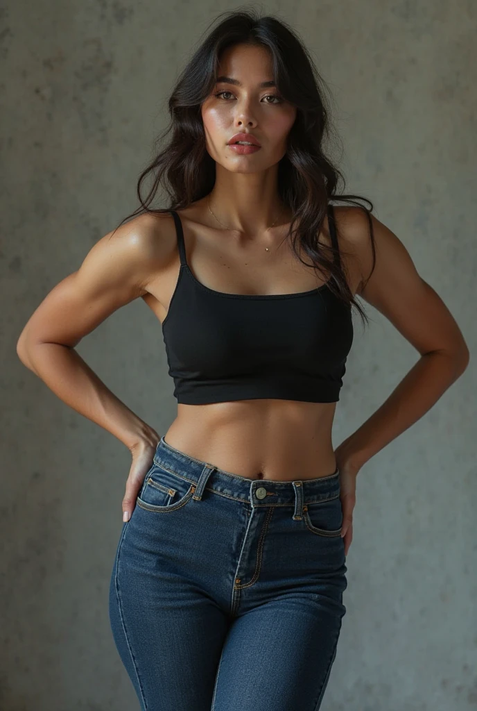 a woman in a black blouse and black mini skirt with a chain belt, wearing a black cropped blouse, wearing a black cropped tank top, tinyest tummy ever, usando um top cropped sexy, tummy, Physicist : tinyest tummy ever, top cut, bare tummy, she is wearing a basic black top