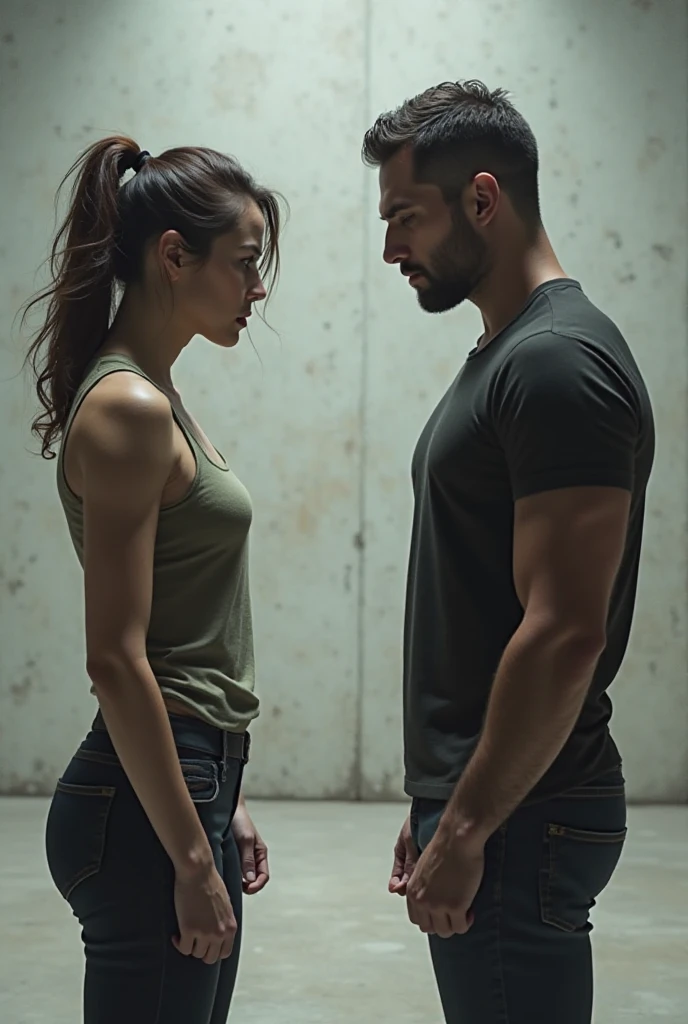 A long-haired college girl,.lisos e negros, kneeling tying the shoelace of a tall, strong man