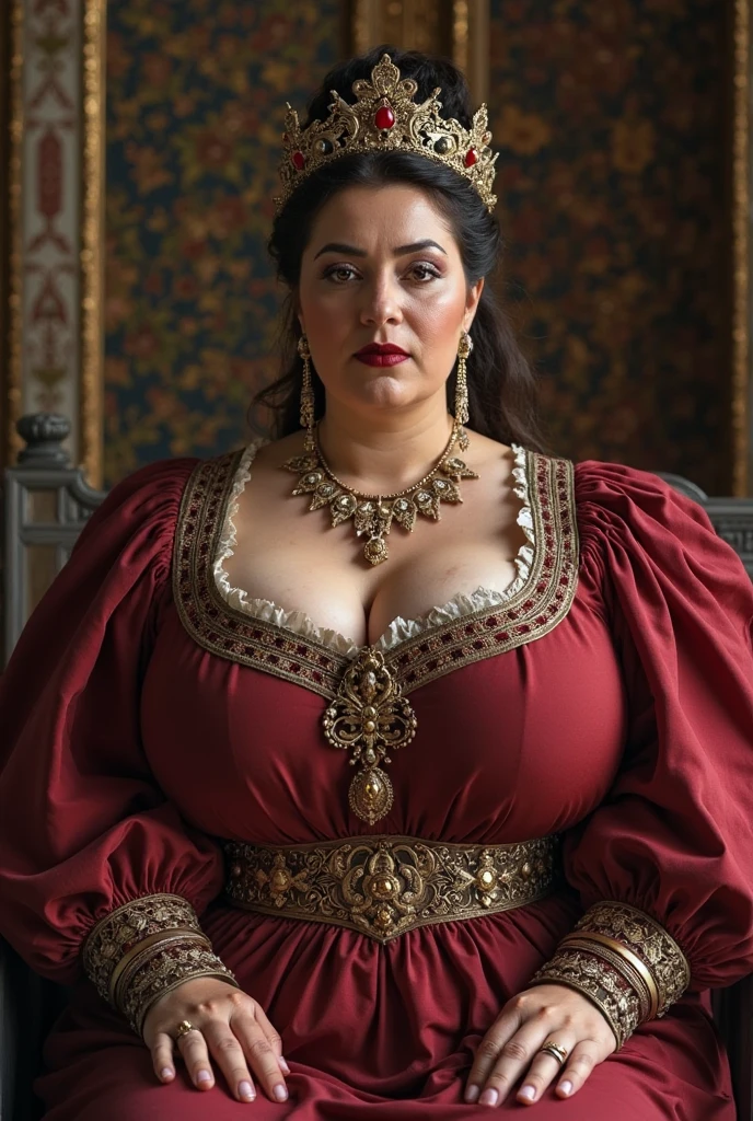 CHUBBY QUEEN, , BBW, photo vintage, visage feminin parfait, BLACK HAIR , tache de rousseur, 1788, big huge breasts : 68H,FRONT VIEW, Rembrandt LIGHT , EXTREME LONG V-NECK, BIG CLEAVAGE, BEAUTIFUL EYES, BEAUTIFUL HANDS, LIGHT SMILES, PERFECT FACE, tres long décolleté, CASTLE BACKGROUND, QUEEN, NECKLACE, RING, JEWELERY RICH, SFW, FULL BODY, COLORFUL, ITALIAN, ROYAL BIKINI , ROYAL BEDROOM , harem