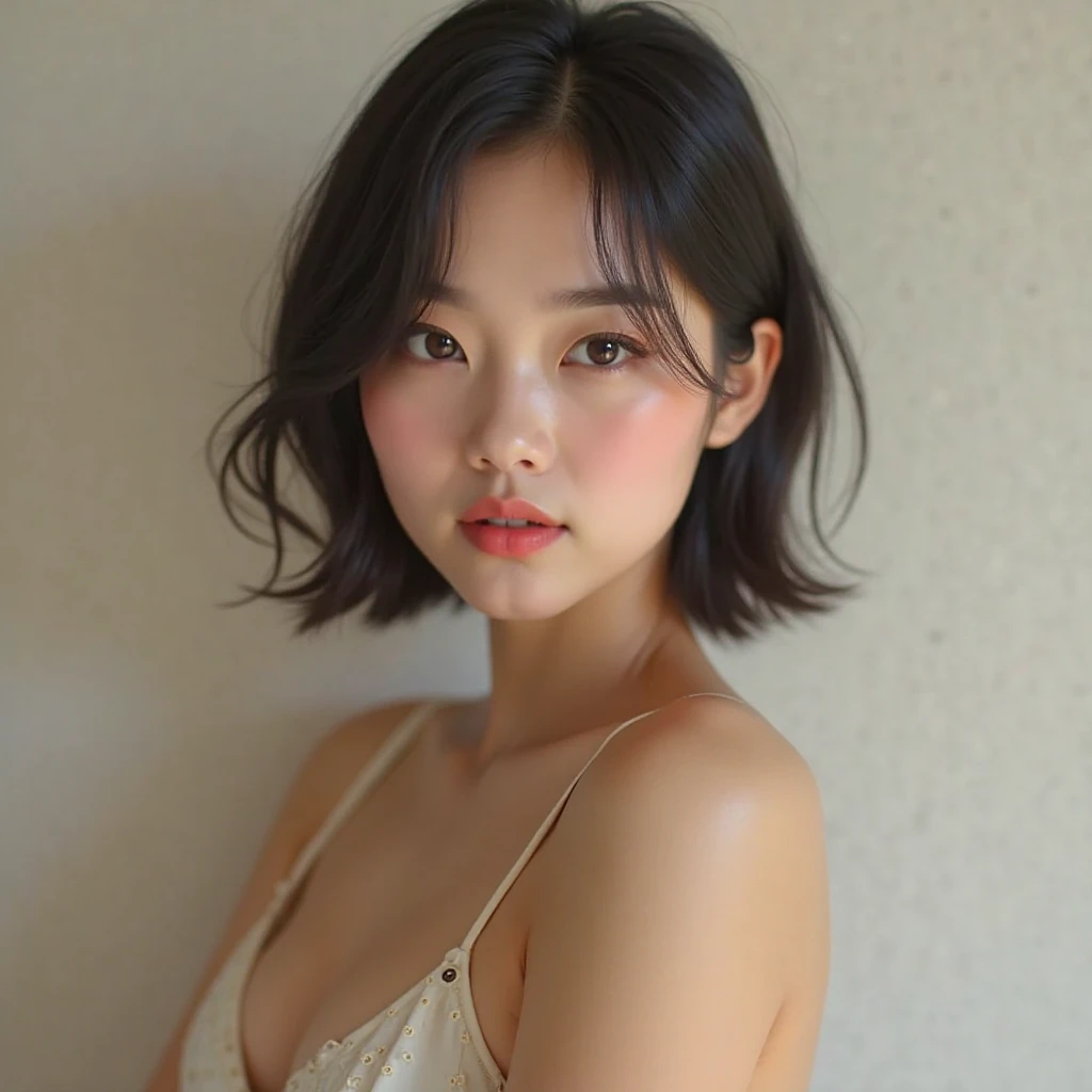 (japanese female news anchor:1.5), , (standing in front of a white wall:1.5), 35yo, (detailed beautiful japanese woman face:1.5), (off-shoulder:1.5 ), intelligent, intellectual, chic, sophisticated, forehead, necklace, fine art, {{{masterpiece}}}, {{{best quality}}}, {{ultra-detailed}}, {perfect anatomy}, {{an extremely delicate and beautiful}}, wakame, 8k, (realistic proportions:1.5),