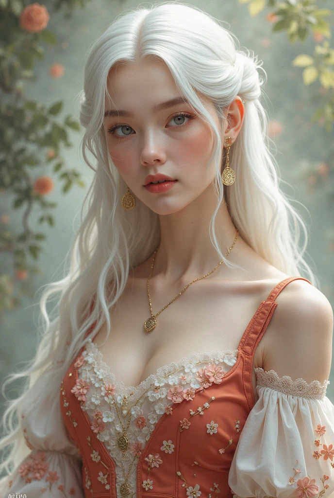 ((Extremely detailed CG unified 8k wallpaper)), masterpiece, Super detailed, floating, High resolution, Sexual innuendo, ,Bare leaky chest,( Ridiculously long white hair, Princess, white magician, blue eyes, (Gorgeous long white and red sheer tiered maxi dress,Long separate wide sleeves and intricate embroidery), wedding veil, a roundabout, bridal gloves, blush, Shy, Arched back, Ruffled petticoat, Gorgeous corset, She held a white rose in her hand,
