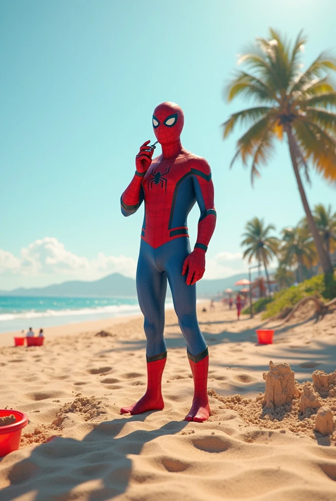 A very big Spiderman is lying on the beach after drinking alcohol, holding a beer bottle in his hand. An empty bottle is lying next to him and many policemen are standing around him.