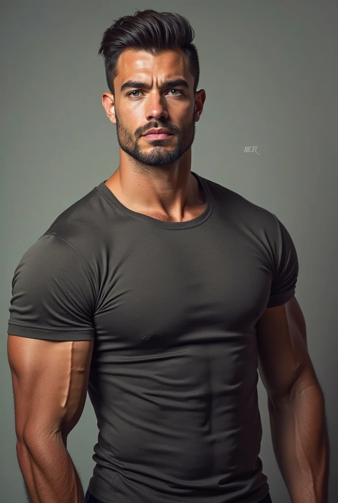 masterpiece, best quality, high resolution, closeup portrait, male focus, solo focus, A man, 25 years old, with military clothes, soldier, blonde bleached hair, buzzcut hairstyle, cute and seductive face, bare chest, body hair, facial hair, roman nose, very skinny body, hairy legs, dimples, goatee and mustache, bold jawline , in the background a millitary camp and other soldiers,  amazing composition, front view, HDR, ultra quality, elegant, highly detailed