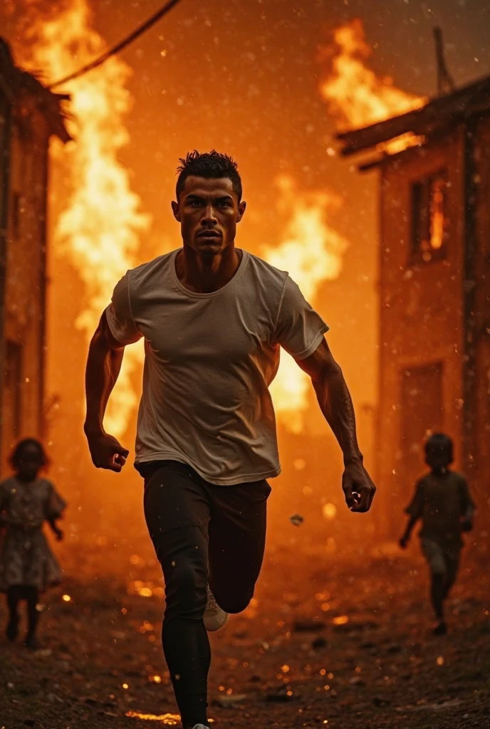 1 white man running, with torn shirt, in hell