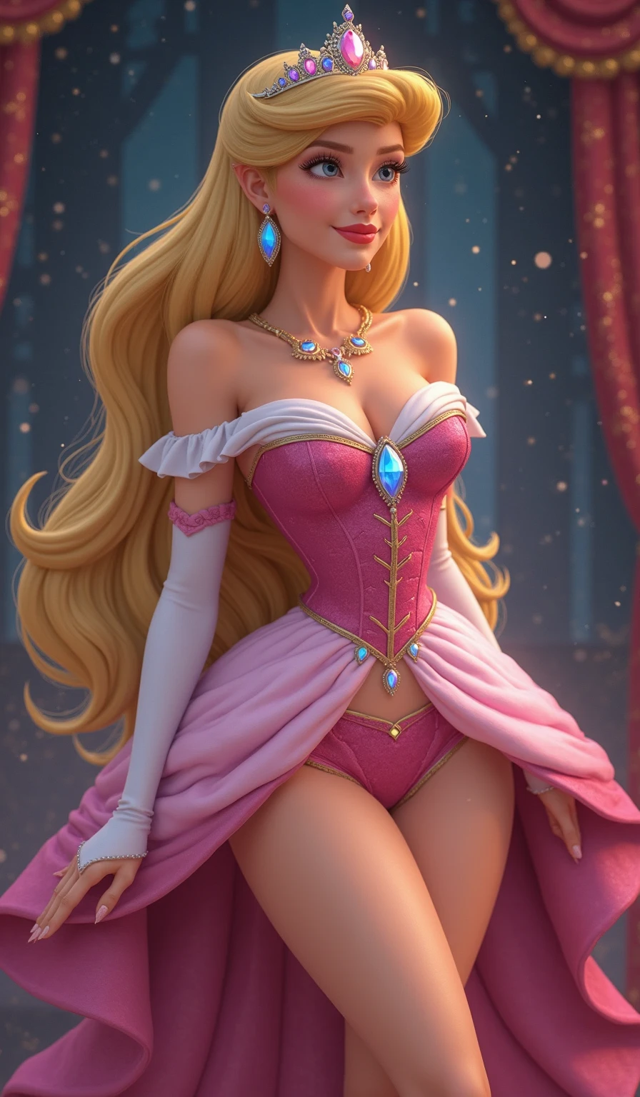 DisneyAurora 27 years old, ((( Taylor Swift:Emma Stone:0.7))) Beautiful woman (((shoulder length wavy blonde hair))) (bangs:1.2) (sparkling light pink dress, long skirt with matching heels) iridescent clothing (purple eyes) defined body, Red lipstick, smiling, hands free, standing, palace courtyard night, (huge_breasts:1.4) (curvy:1.3)(chubby:1.0)