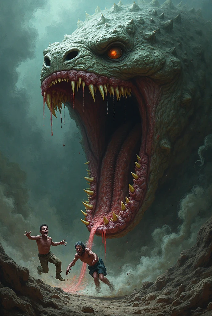 A surrealist painting、Giant carnivorous plant eating a man