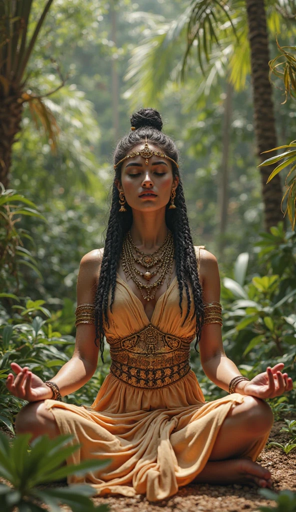 Young tantric priestess with percings tattoos and an ironman mask on her body meditating on a mountain --auto