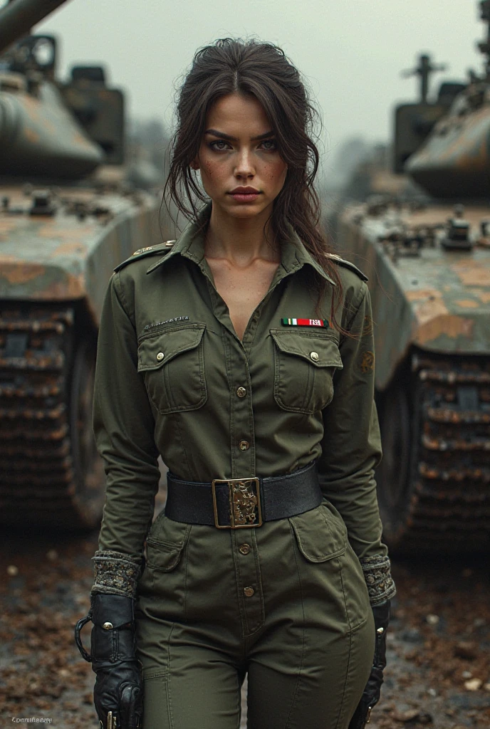 1girl in, 30 years old, Square face, Long hair, Looking at the viewer, jewelry, Realistic, Sexy, military combat outfit, military weapon background tank-plane-artillery-gun, private free position
