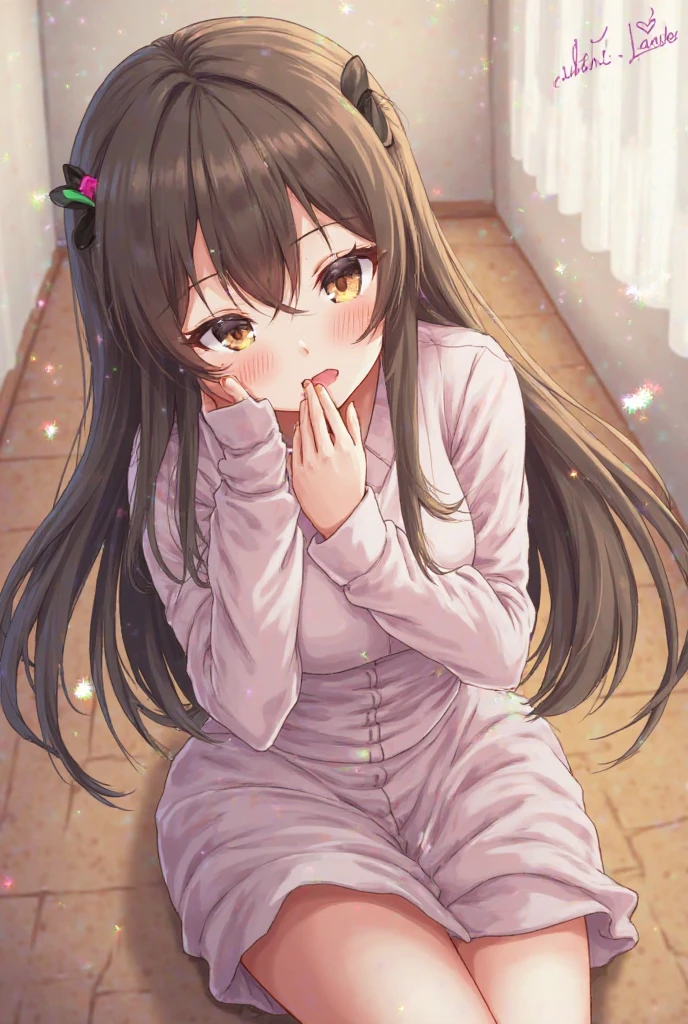 (Top Quality, High Resolution, Masterpiece), ((Perfect Anatomy)), Cute Girl, Chibi, Brown Hair, Black Hair, Long Hair, Brown Eyes BREAK Pastel yellow nightwear, deluxe bedroom, night