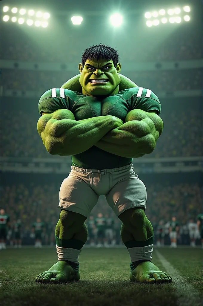 A hyper-realistic 3D rendering of a massive green humanoid figure standing in the middle of a sports stadium. The figure has a muscular build, wearing dark shorts, and is pointing upward with one hand. The stadium is packed with a cheering crowd, with various banners and advertisements visible in the background. The lighting is bright, highlighting the figure's powerful stance and intense expression, evoking a sense of strength and excitement." We should also have a like and subscribe poster in our hand
