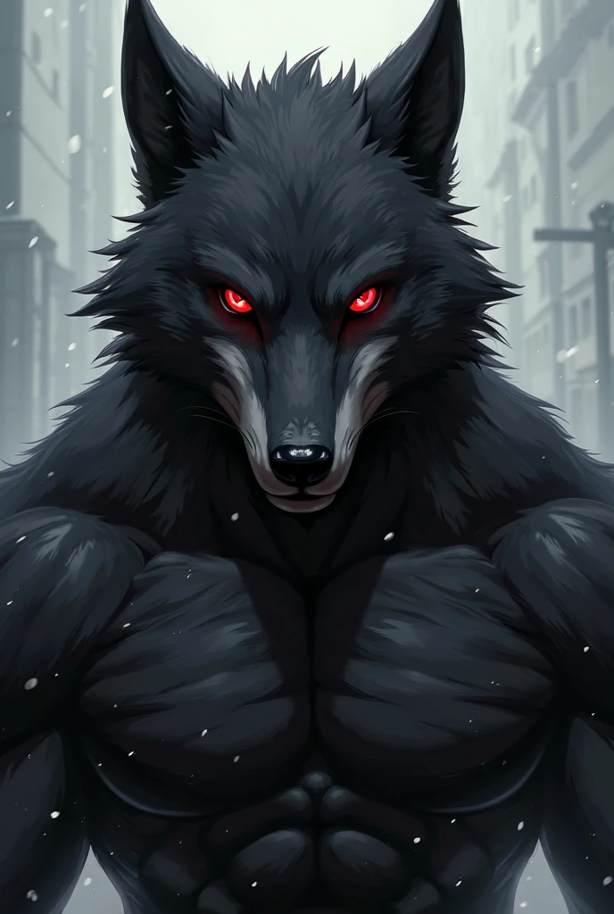 (Death wolf JR) best quality, ultra high res,1furry boy, solo,detailed eyes, volumetric lighting, amazing, finely detail, , nude , red eyes, black sclera, bright pupils, full body, night, indoor, chibi A realistic background of San Francisco California and wearing a glasses Looking at the viewer