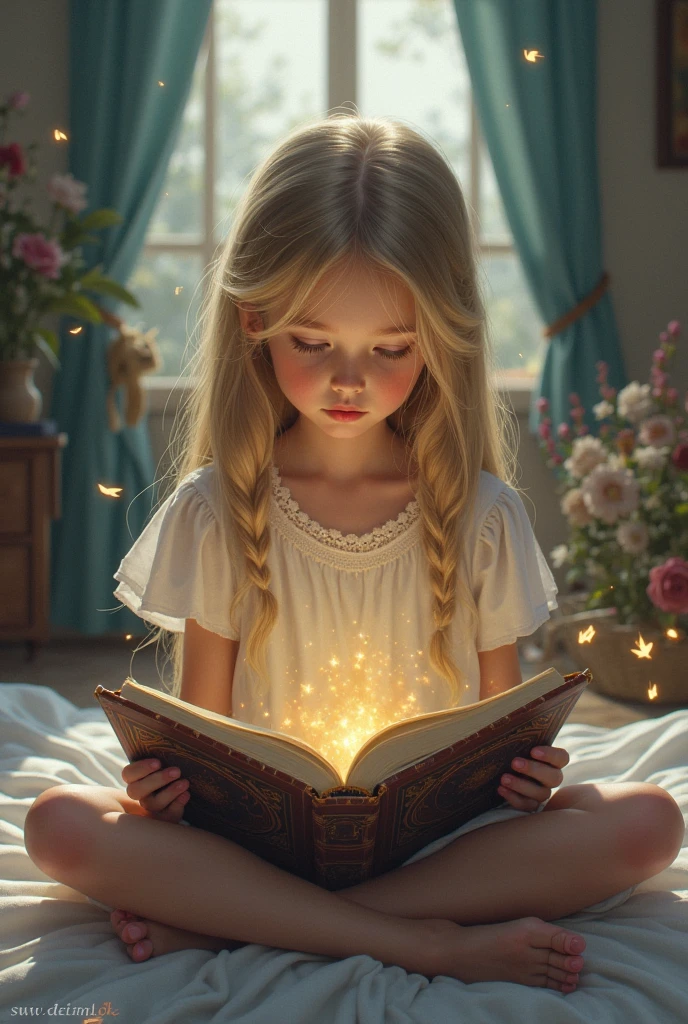Make 1 girl in a library of books, reading a book, high resolution, detailded