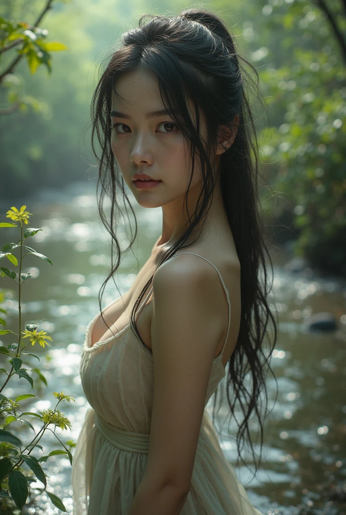 asian lady wear (((wet loose T-shirt))) ,(((wet))), rain, wide neck, black strap, necklace, small breast, rounded shape breast, ((she)), ((mid-shot, full body, slender waist)), Hair Up Do、 Glowing eyes, nose blush, Carl Larsson, Alfonse Mucha, Chiaroscuro, Film Glenn, reflective light, (((mid-Shot))), waist to top,longshot show full body, masterpiece, high details, sun light on her, leaf shading, (()) ,