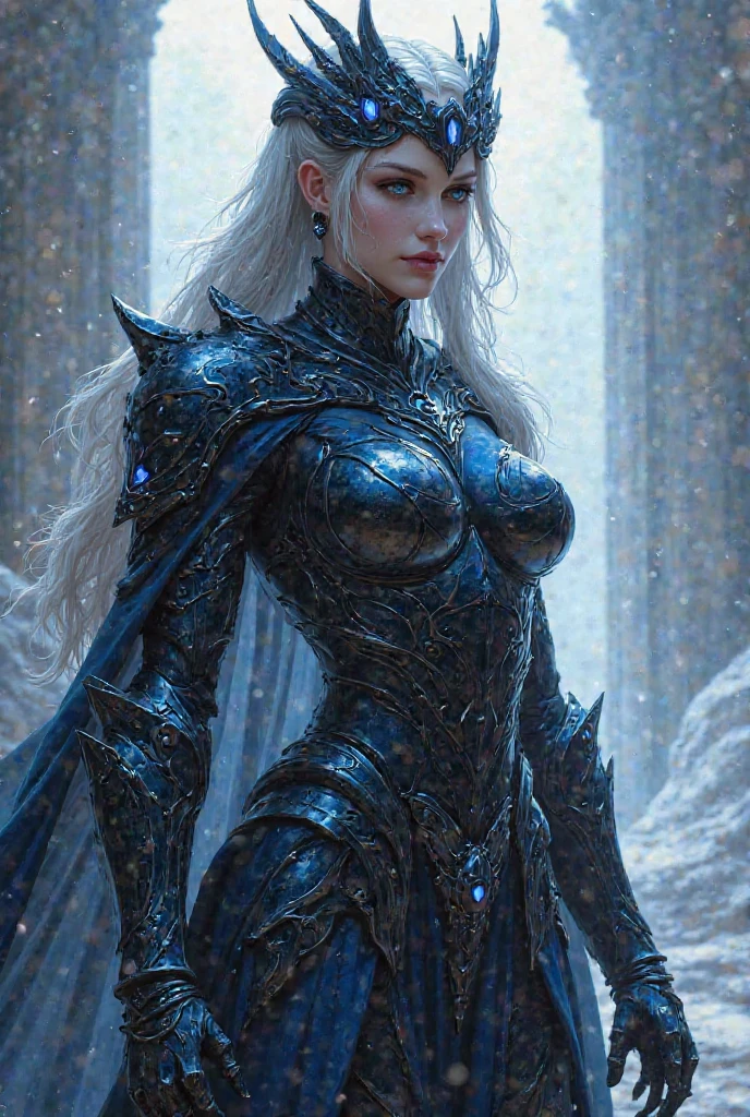 official art, unity 8k wallpaper, ultra detailed, masterpiece, best quality, (((1 woman))), (extremely detailed), dynamic angle, scheming expression, ((devious expression)), detailed face, detailed eyes, detaild hands, wind effect, fantasy background, rim lighting, side lighting, cinematic light, ultra high res, 8k uhd, film grain,best shadow, delicate, RAW, icy blue particles, detailed skin texture, detailed armor texture, detailed face, elven face, intricate details, ultra detailed, Dark, strong, (elegant black armor), ((long silver hair)), (((glowing icy blue eyes))), dark cape, fantasy, (realistic), atmospheric, long elven ears, platnium silver hair, very long elven ears, mature features, medium breasts, elegant armour, beautiful features, ((((commanding expression))))