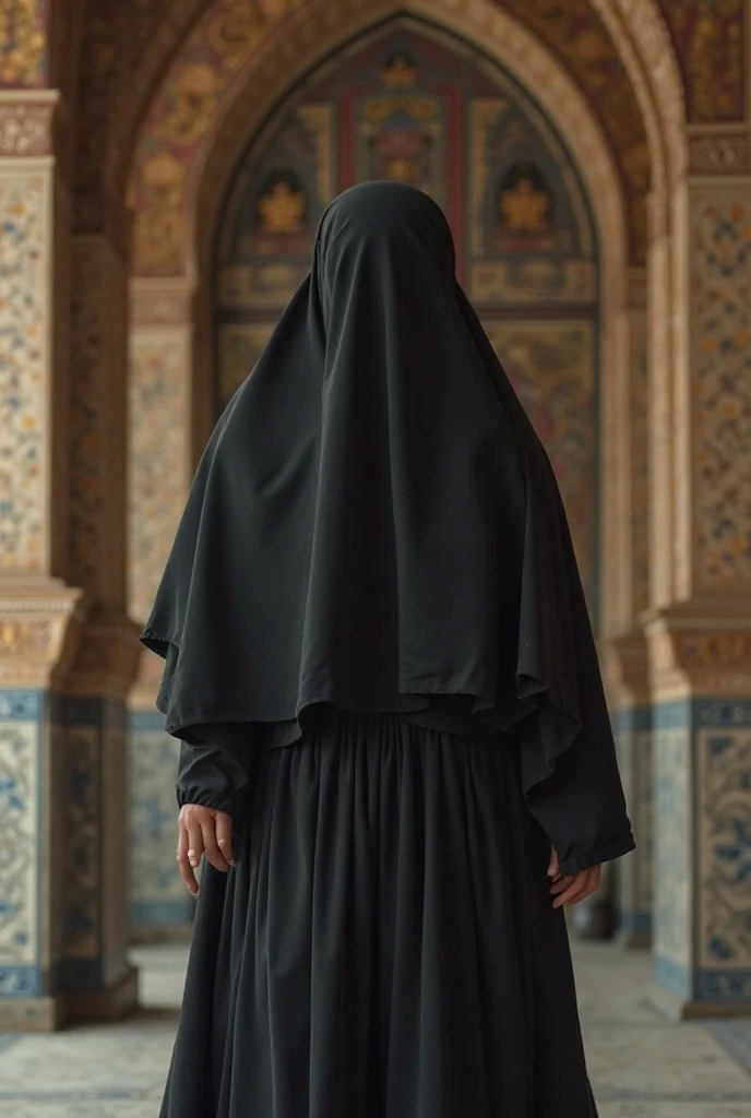 Young Penelope Cruz in niqab, wearing a gothic lace black abaya, skullcap underneath, cotton mask on her face, very beautiful, fair,in a mosque on her knees