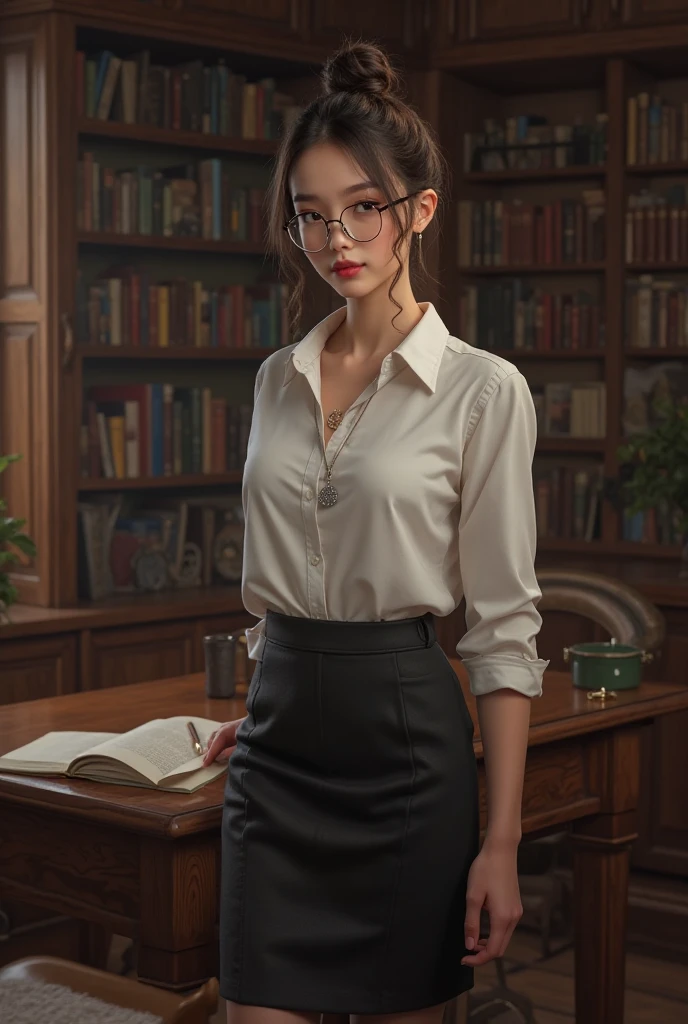 (Highest quality、Tabletop、8k、Award-winning works、Ultra-high resolution、Best image quality)、One beautiful woman、(White polyester sleeveless、Open blouse with buttons:1.3)、(Elegant black tight skirt:1.1)、(Huge breasts:1.2)、(Cleavage:1.1)、(Elegant round glasses:1.2)、library、(Standing Elegantly:1.1)、(Strongly blurred background:1.1)、Stand next to a bookshelf、(Perfectly organized bookshelf:1.1)、Bookshelf in the background、居心地の良いlibrary、lipstick、Long eyelashes、Heavy makeup、Perfect Makeup、Colored contact lenses、Accentuate your body lines、Big ample breasts、Soft and warm lighting、Detailed bookshelf、(Ultra-high resolutionの正確な美しい髪:1.1)、(Accurate anatomy:1.2)、Ultra-high definition beautiful eyes、(Super bright and radiant skin:1.1)