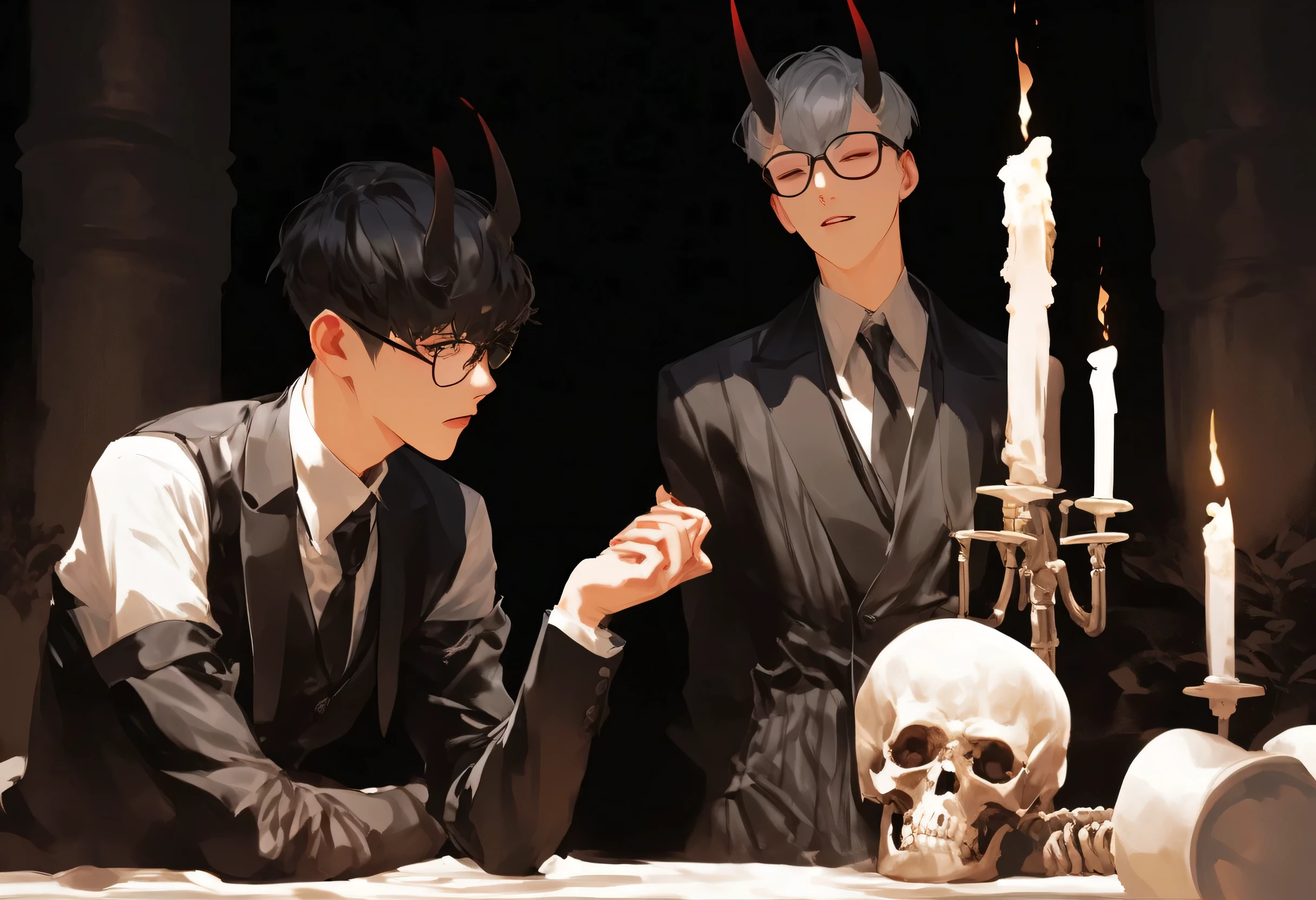 Anime - style illustration in a dark, gothic theme. Two characters are seated at a table set with dark candles, plates of what appears to be raw meat and cherries, and glasses of red liquid, suggesting a vampire - themed feast. The character on the left has white hair and is dressed in a formal black double - breasted suit with silver accents, while the character on the right has dark hair with small horns, wearing a black outfit with skeletal patterns. The background features large, marble - like columns framing a pitch - black void. At the top, the text "3 & 4 卷&卷" is displayed, and at the bottom, the text "極楽街伝" is shown. Use high - contrast, dark color palette with detailed line work to enhance the spooky and elegant atmosphere. --ar 3:4 --s 1200 --niji 5