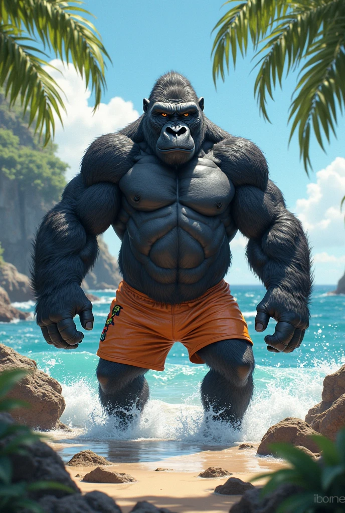 male gorilla, muscular athletic, posing sensually, wearing Hawaiian clothing, naked torso, during the day, on the beach, NSFW, whole body, well detailed, Good quality, big body.