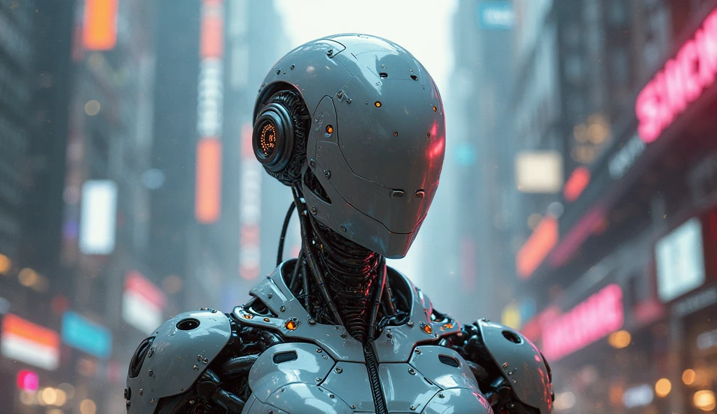((best quality)), ((masterpiece:1.2)), (extremely detailed:1.1), (8k, high quality, cinematic, hyper realistic, illustration) <lora:epiNoiseoffset:0.3> (rim lighting) <lora:urbanSamuraiClothing:0.3> (urbansamurai, techwear) <lora:hipoly3DModelLora:0.25> (CG, 3D, realistic), <lora:cyberhelmetWearable:0.25> (cyberhelmet), Cybernetic samurai, sleek metallic armor with intricate engravings, glowing energy lines coursing through the body, a plasma katana emitting a humming sound, facial features obscured by a high-tech visor. Rain-soaked streets, neon signs reflecting off puddles, bustling crowds wearing futuristic attire, towering holograms advertising the latest technology, an undercurrent of tension and danger <hypernet:dr0ne:0.75> (mechanical design, carbon-fiber, high-tech, exoskeletal) , <lora:mshn:0.1> mshn robot