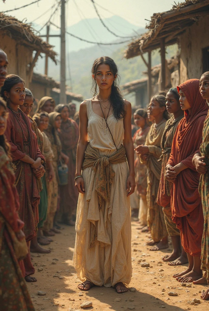 "A young woman, Neha, with a determined look on her face, standing in a small village square. Villagers around her are whispering and looking fearful, but Neha looks resolute and curious."