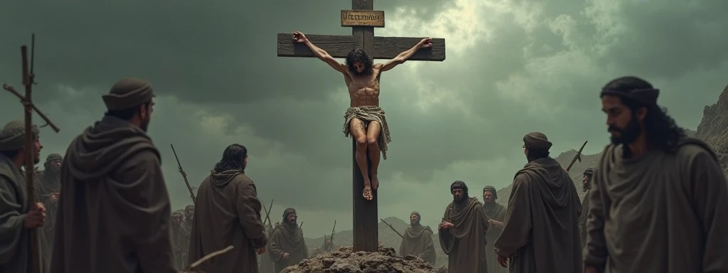 scenery of a Crowd in biblical time looking at Jesus crucified in the midst of thieves, Jesus in the middle of two crosses with crucified men, surrounded by Roman soldiers, cinematic image, ultra realistic 8k