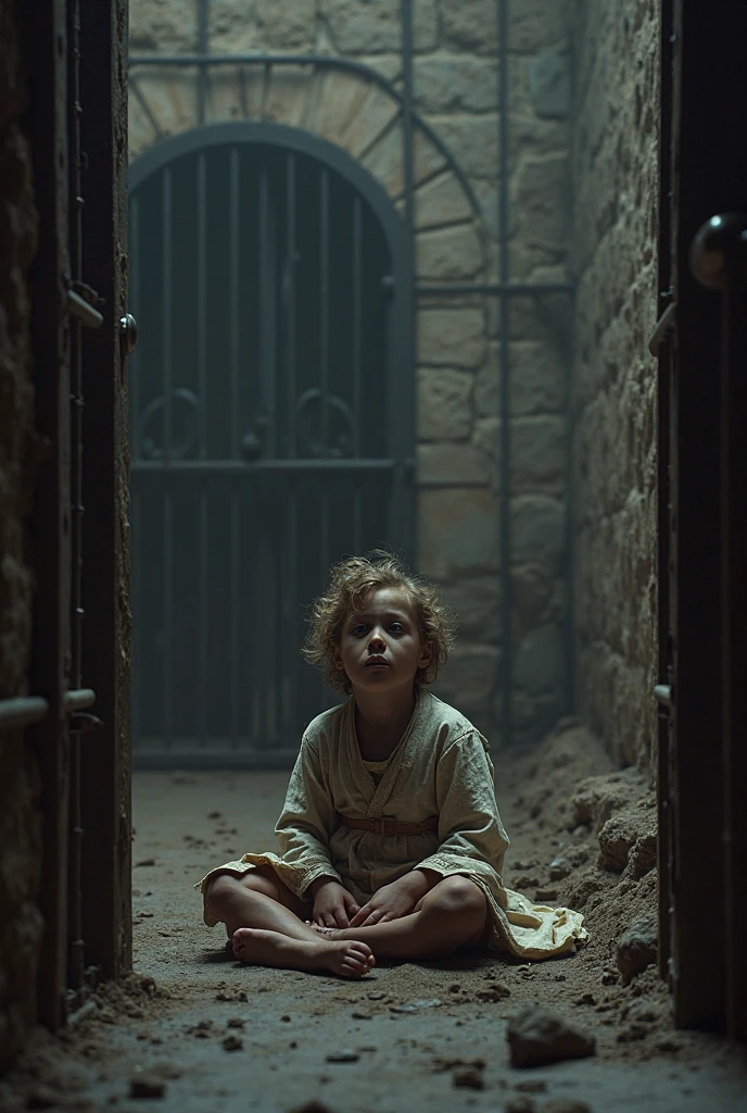 A cyber threat: IA produz imagens realistas de abuso infantil, a harrowing depiction of a child chained in a shadowy dungeon, with damp and dirty stone walls, dim light filtered through a small window, highlighting the sense of imprisonment and despair, escultura em argila com texturas realistas, Three-dimensional artistic style, --ar 16:9 --v 5 --auto