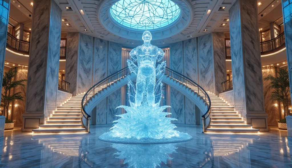 instagram photo, statue of a Man in transparent crystal, wide angle, hyper detailed, crystal eyes, studio photo, made of ornate transparent crystal, on an exhibition altar, museum background