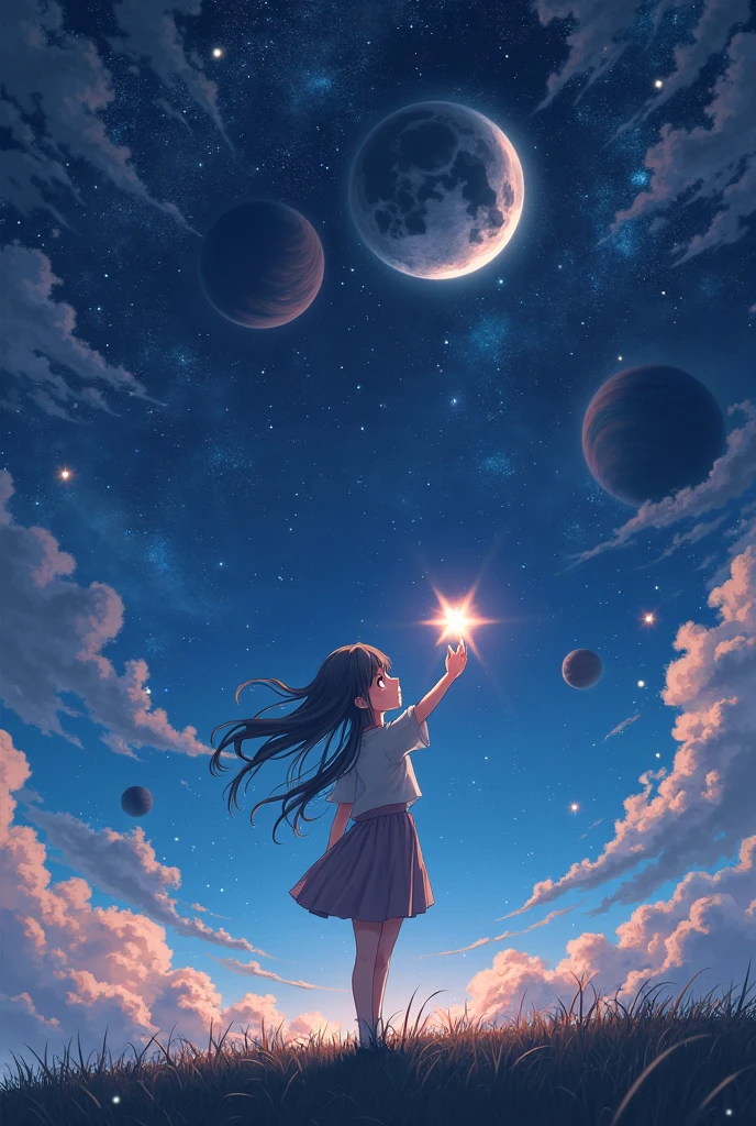 An image of a shooting star in the night sky, with Luna, a little girl reaching out to touch her