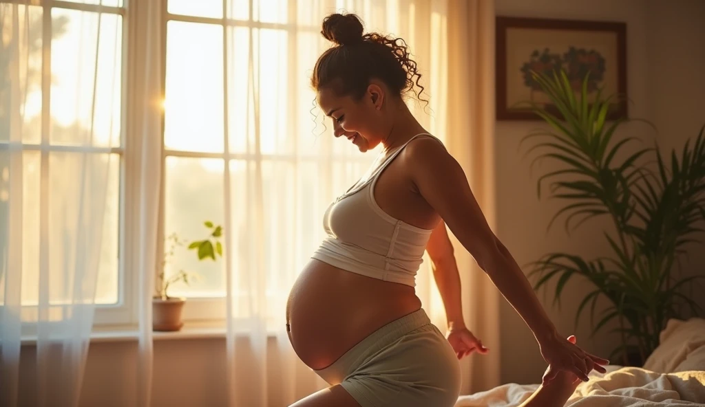 Yoga : Create a high resolution photorealistic image of a super realistic 25 year old pregnant girl. She is standing practicing prenatal yoga, with the background clearly visible but the focus is on "Mountain yoga pose (Tadasana) in full body, standing with feet together, heels slightly apart and toes touching ". She used an 85mm lens at f/1.8 to capture the portrait, ensuring the sharpness of her posture of her body practicing yoga with a background of her house. In the scene there are plants, pictures of the chakras, which adds a soft and warm atmosphere to the image.