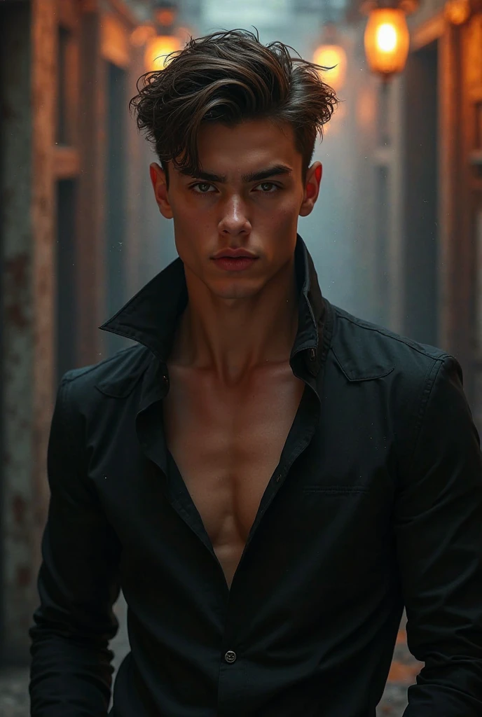 gothic aura, gothic architecture, mysterious atmosphere, dark colors, attractive boy, handsome boy, white boy, pale skin, extremely pale skin, dark hair, green eyes, 2, dramatic light