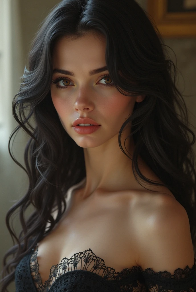 (((ultra realistic))) Photo, masterpiece, top quality, (pale skin), (Ultra detailed face and eyes:1.3), 1 girl, in a bikini ((Eye makeup, mascara)), ((large detailed lips)), ((Dark wavy hair)), ((Stylish hairstyle)) , (Natural breasts), (Slim waist). ((Posing)), photoshoot, (Soft) Lighting, (The play of light and shadows), depth of field, bokeh, (special attention to skin detail: 1.2), Detailed leather texture, skin pores. (Warm atmosphere of the frame. color scheme - black, Yellow, White tones), UDR, ((Film grain)), rays, (Glare), ((waist up portrait)) , ultra detialed,