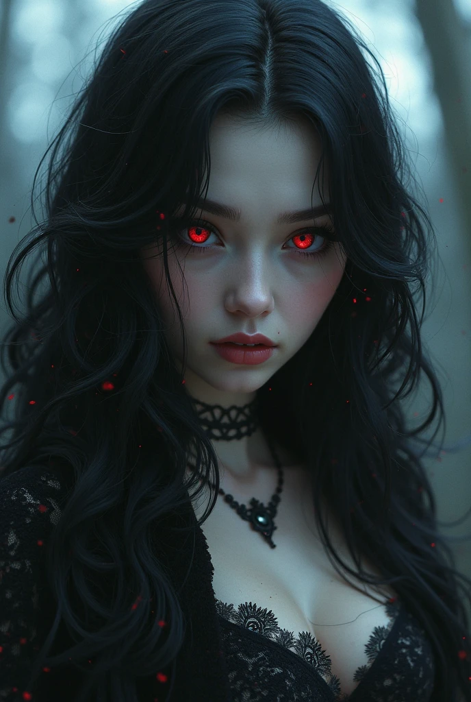 top-quality、8K、ultra-detailliert,Cinematic Light, hight resolution, best qualtiy, ultra-detailliert, Detailed face, (Quality with attention to detail, Hyper Detailed, masutepiece, (Detailed face), red eyes glowing、light shines into the eyes、Clean face, Sexy clothes are transparent (torn) cloths, Floating cloth, see through, Choker, Open cloth, NSFW, high-heels, Red Eyes, Neon little shiny hair ends, Dark Fantasy Forest, Glowing plants with neon details, Dark Magic, (portal:1.15) To the underworld in the background, light reflections, heart shaped iris, playful eyes, Open Shoulder, Rain, (Wet body), Small glowing butterfly, hair jewellery,(masutepiece), Best Quality, Ultra-detailed, Extreme close-up of the eyes, Crisp details, complex lines, Vivid colors, Bright Highlights, darker shadows, Sparkling reflections, depth of fields, seductive beauty.