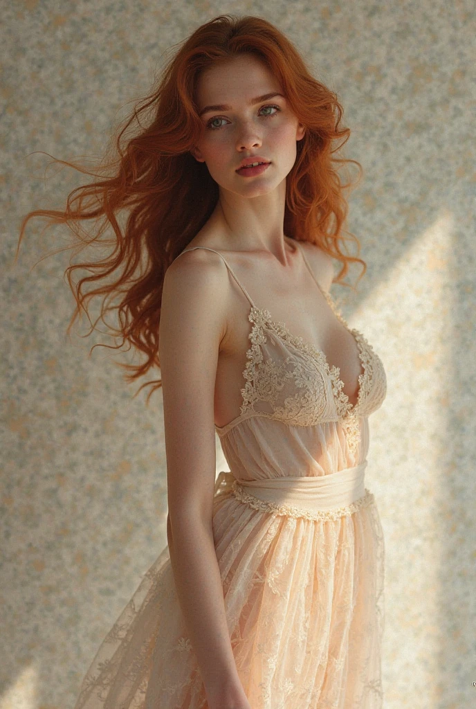 1girl in, age19, Solo, Aesthetic artwork, irish redhead, wavy ginger hair, shoulder length ginger hair, gray eyes, light grey eyes, some small freckles, pale skin, A-cup, small breasts, runners body, (textured skin, skin pores:1.1), (moles:0.8), imperfect skin, goosebumps, in a dark bedroom sitting down, relaxing, innocent, (extremely detailed 8k wallpaper), (soft lighting), high quality, film grain, Fujifilm XT3 sharp focus, f 5.6, 50mm, High Detail, Sharp focus, (boudoir light), (in a yellow silk nightgown: 1.8). Silk, A yellow nightgown, lace pattern, (pokies: 1.18), crazy details, complex details, hyperdetailed