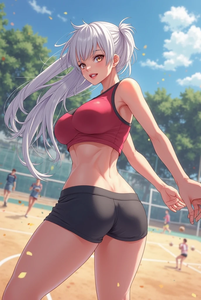 masterpiece,best quality,highres,illustration,hyper detailed,8k cg wallpaper,ray tracing,((white hair:1.2)),((long hair:1.2)),((red eyes:1.2)),((straight hair:1.3)),medium breasts,(hiten1:0.8),<lora:add_detail:1>,((sports bra:1.1)),dolphin shorts,<lora:DolphinShorts_FefaAIart:1>,from behind,midriff,solo,sweat,ponytail,open mouth,