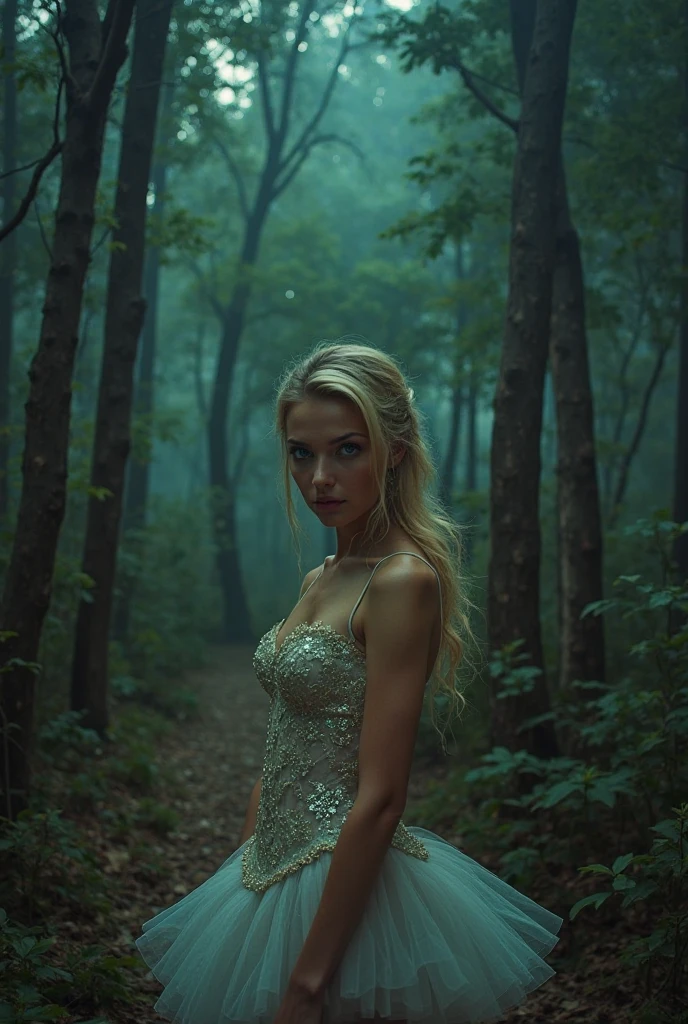 "A mysterious and elegant lady stands gracefully under the soft moonlight, her captivating eyes looking directly at the viewer with a confident gaze. Her long, flowing hair cascades down her shoulders, shimmering like silk. She has strikingly beautiful features, with a subtle smile that hints at hidden secrets. Her sophisticated gown, made of delicate, shimmering fabric, flows gently in the evening breeze. She stands amidst a misty forest, with shadows and light creating an aura of mystery around her. The atmosphere is enchanting, with a soft glow illuminating her timeles