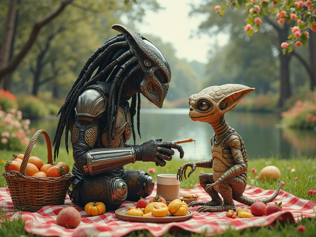 Predator and E.t. on a romantic date in the park with a picnic