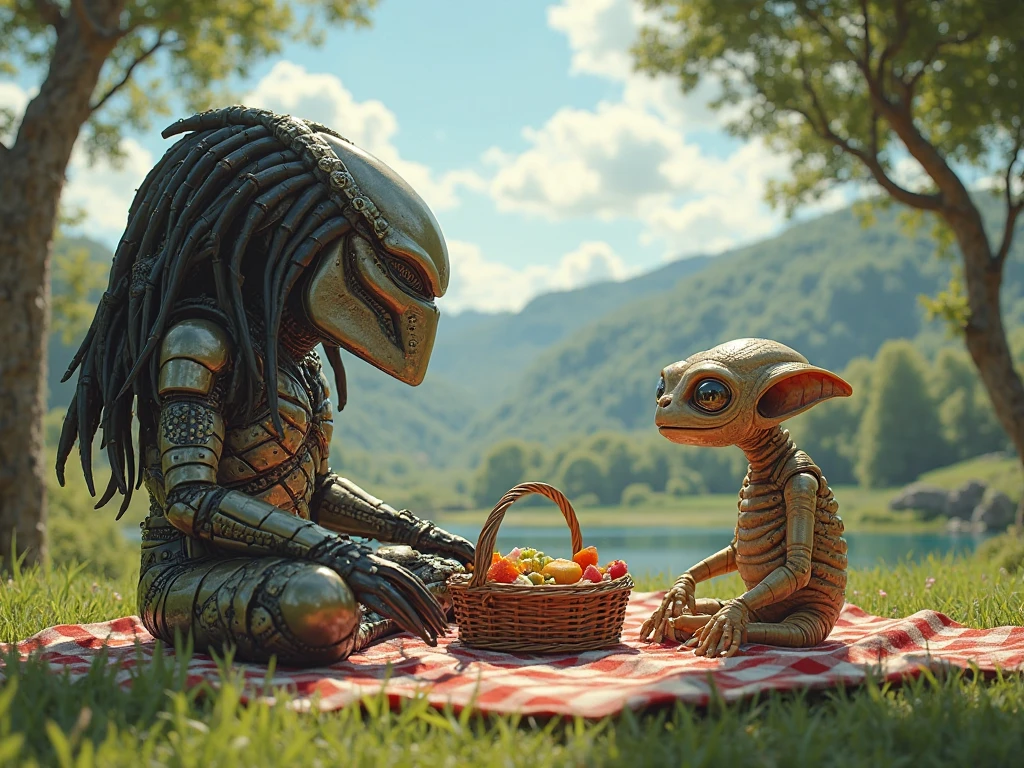 Predator and E.t. on a romantic date in the park with a picnic