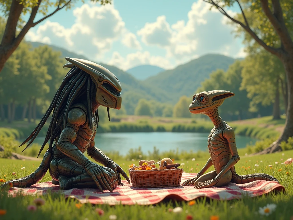 Predator and E.t. on a romantic date in the park with a picnic