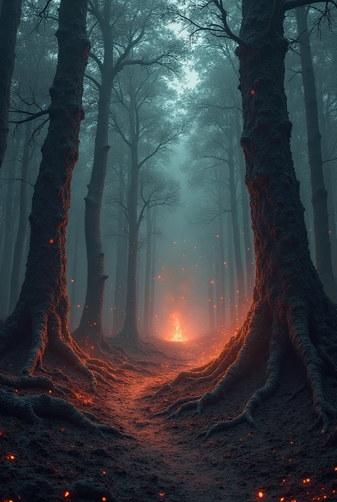 A digital painting of a mysterious, ancient forest with glowing embers ...