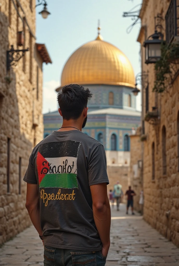 a 26 years Tall man Standing Infront og Al - Aqsa Masque with a flag of Palestinian, He is wearing a T-Shirt of Bangladesh behind his back Razwan is written.