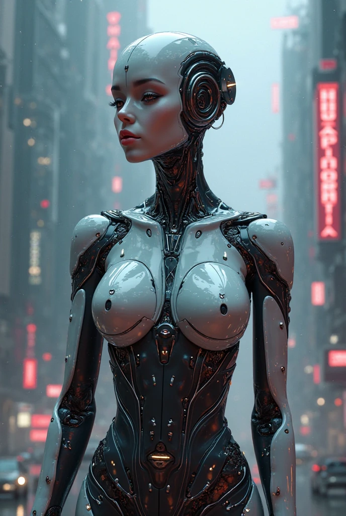a beautiful woman-robot standing in a futuristic city backdrop, detailed intricate mechanical parts seamlessly blended with a slender, graceful humanoid form, magnificent anatomy and physique, 1/2 body crop, (best quality, 4k, 8k, highres, masterpiece:1.2), ultra-detailed,(realistic, photorealistic, photo-realistic:1.37), HDR, (intricate details:1.12), (intricate details, hyper-detailing:1.15), (natural skin textures, hyper realisitc, soft light, Sharp:1.2)